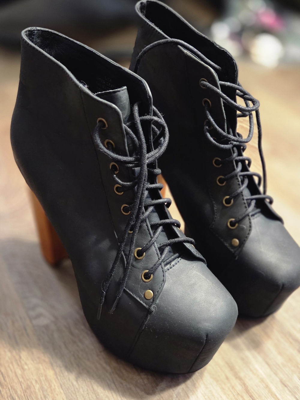 Jeffrey Campbell Black Lace-Up Platform Ankle Boots with Brown Block Heel